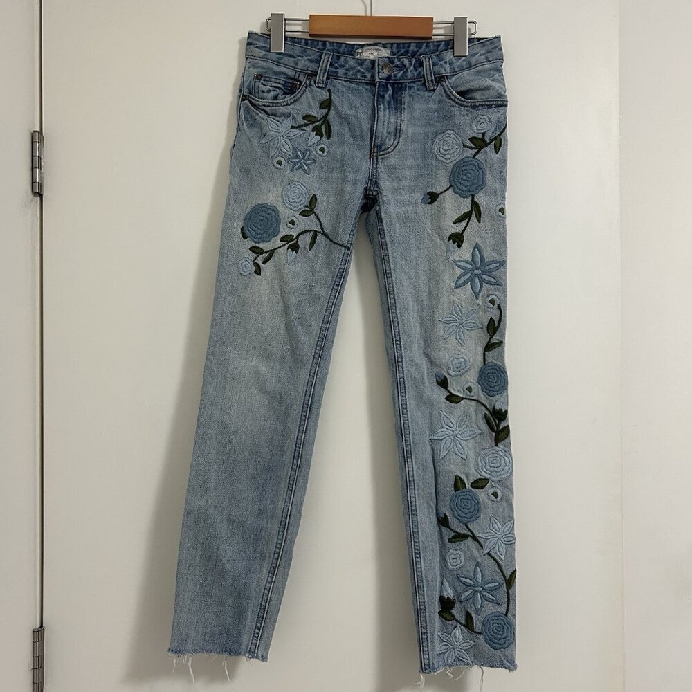 Free People Embroidered Floral Jeans Women’s 25 Boho Straight Leg Raw Hem